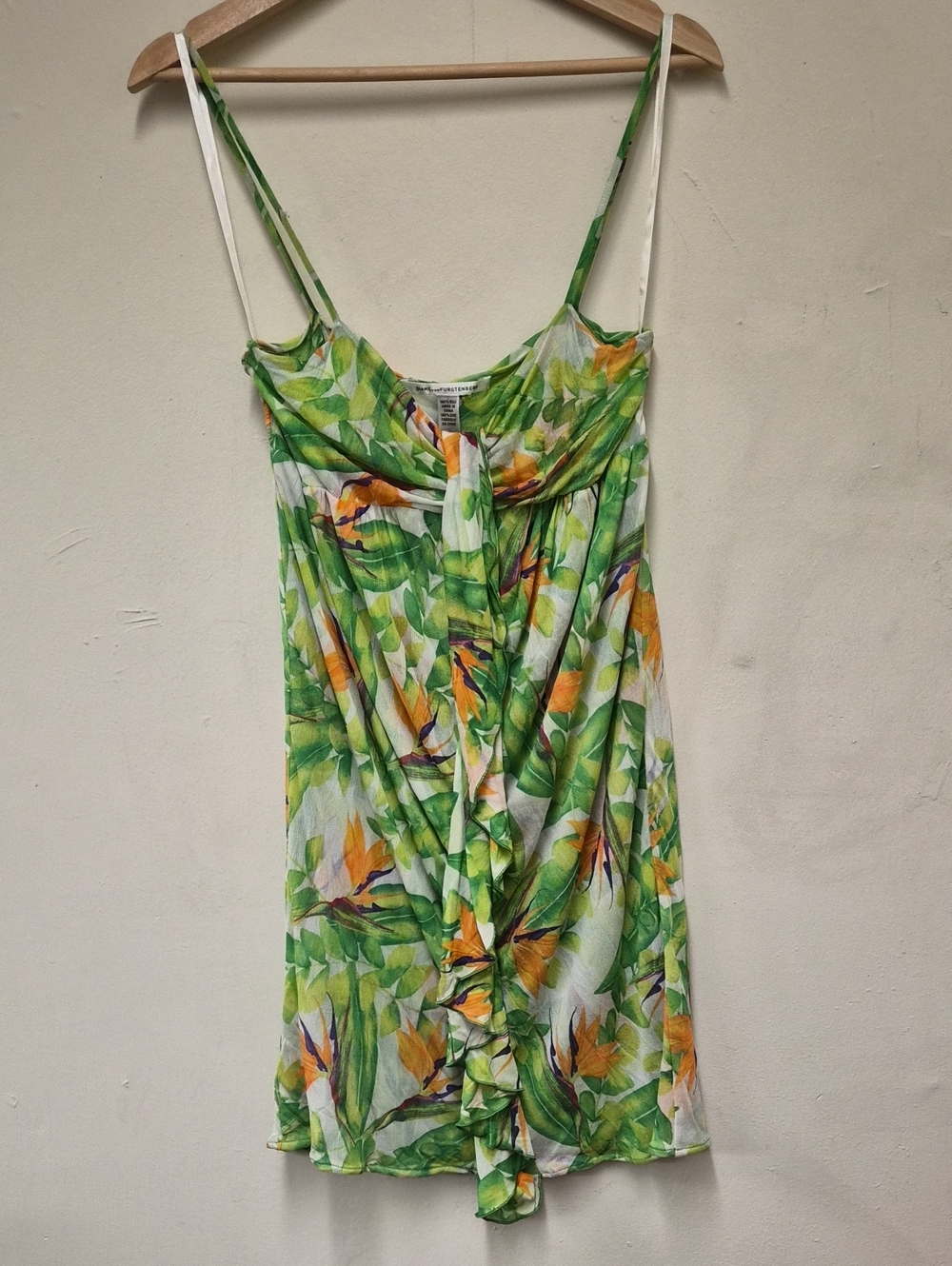 Diane Von Furstenberg Green Tropical Print Spaghetti Strap Dress Size 8
